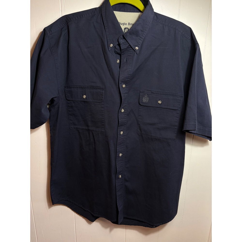 Bugle Boy Mens Vintage L Navy Blue Short Sleeve Button Down Cotton Utility Shirt